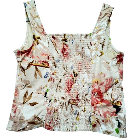Express Floral Linen Blend Tank Top L Cream Pink Smocked Back - Picture 10 of 15